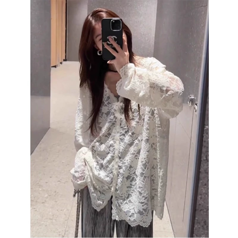 Официальное фото, реальная цена, рубашка с защитой от солнца, кружевная рубашка с длинными рукавами, женская летняя чистая страсть, свободный элегантный, слегка прозрачный топ с вырезом, рубашка с кондиционером