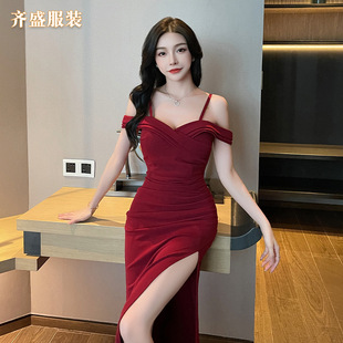 Summer Nightclub Sexy Off-Shoulder Dress for Women, Elegant High-Slit Evening Gown, Birthday Dress, Graceful