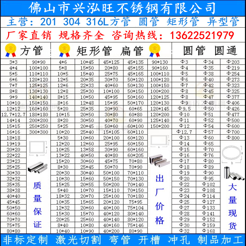 201 304 316不锈钢圆管 方管 扁管 装饰大管 制品小管 方通圆通