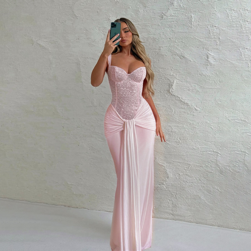 European and American Summer New Cross-Border Women's Fashion Sexy V-Neck Waist-Cinching Slimming Tie-Up Bodycon Strap Dress for Women