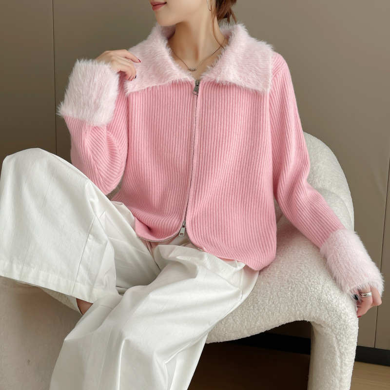 秋冬外套女现货韩版修身气质拼接仿水貂毛内搭针织拉链开衫毛衣女|undefined