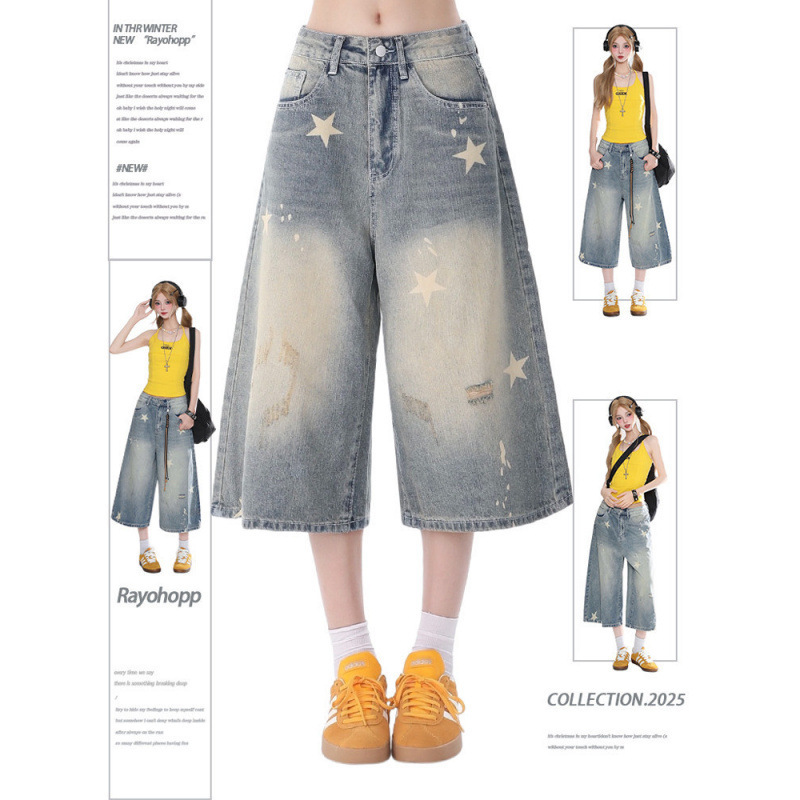 Distressed Denim Cropped Pants for Women, Summer 2026 New Style, High-Waisted, Straight Loose Wide-Leg Denim Shorts Distressed Denim Cropped Pants for Women, Summer 2026 New Style, High-Waisted, Straight Loose Wide-Leg Denim Shorts