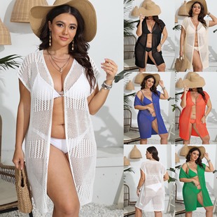Cross-border European and American plus size women's hollow woven cardigan sexy see-through beach bikini outer wear short sleeve coat