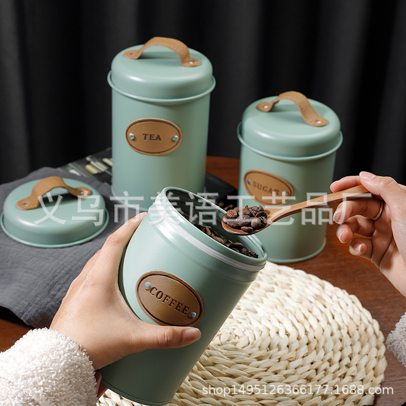 2021 Nordic nuevo almacenamiento tanque de almacenamiento a prueba de polvo mango de cuero cafetera olla de azúcar tetera juego de tres piezas