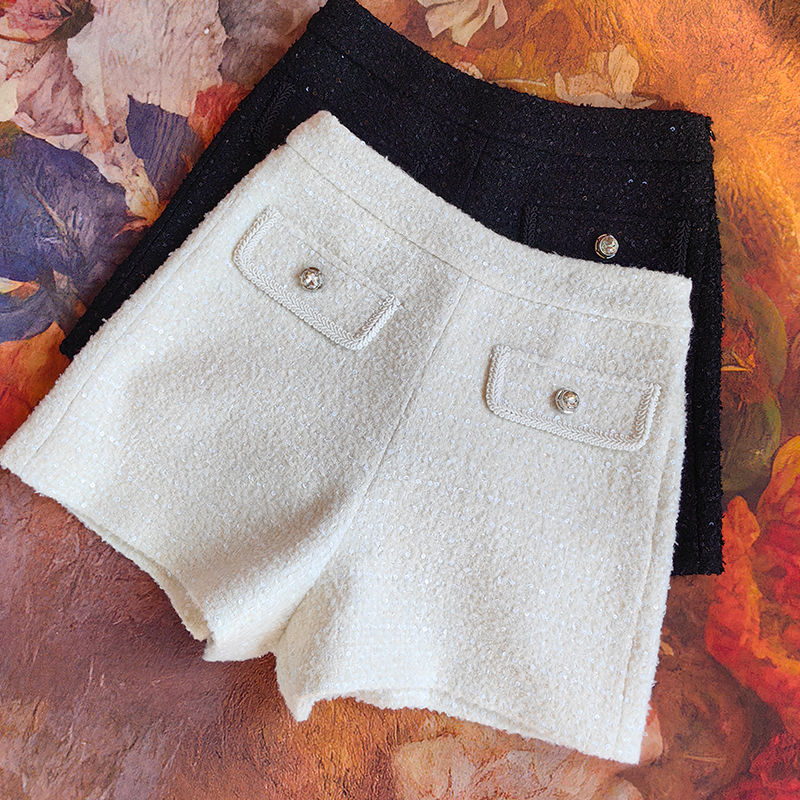 Woolen Chanel Style Shorts Women's 2025 Spring New High Waist Wide Leg Pants White Sequin Tweed Casual Pants