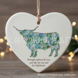 跨境新款圣诞节Highland Cow Heart高地牛爱心陶瓷挂件UV打印图片
