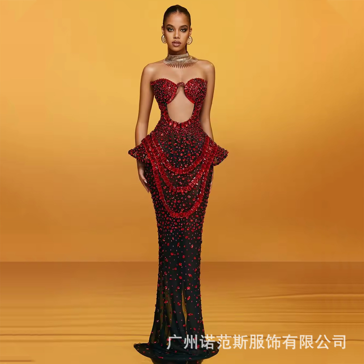 Cross-Border Popular Red Hollow Shiny Rhinestone Tube Top Floor-Length Mesh Long Skirt Banquet Party Host Catwalk Dress