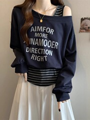 设计感条纹假两件露肩长袖卫衣秋季2025新款大码女装胖mm遮肉上衣
