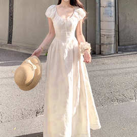 丁香茉莉 提花法式泡泡袖收腰连衣裙长裙A字裙女夏女2025夏季新