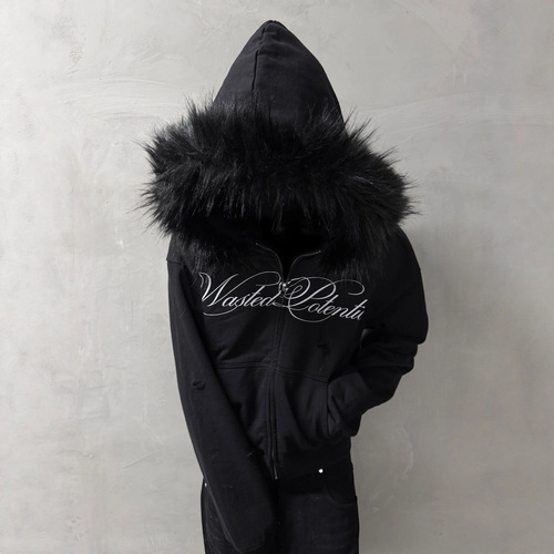 2026 Autumn and Winter Heavy Heavy European and American cross-border street personality all-matching Y2K wholesale fur collar hooded zipper sweaters for men and women