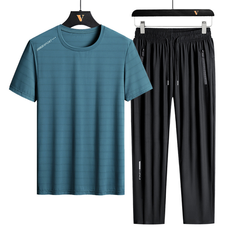 Traje de seda helada L-8X para hombre, conjunto deportivo de verano de manga corta, talla grande, holgado, de secado rápido, conjunto casual de dos piezas para hombre