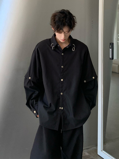 Black Shoulder-Padded Shirt for Men, Trendy Brand, Handsome Street Style, Detachable Long-Sleeved Shirt, Silhouette, High-End Hairstylist Men's Clothing