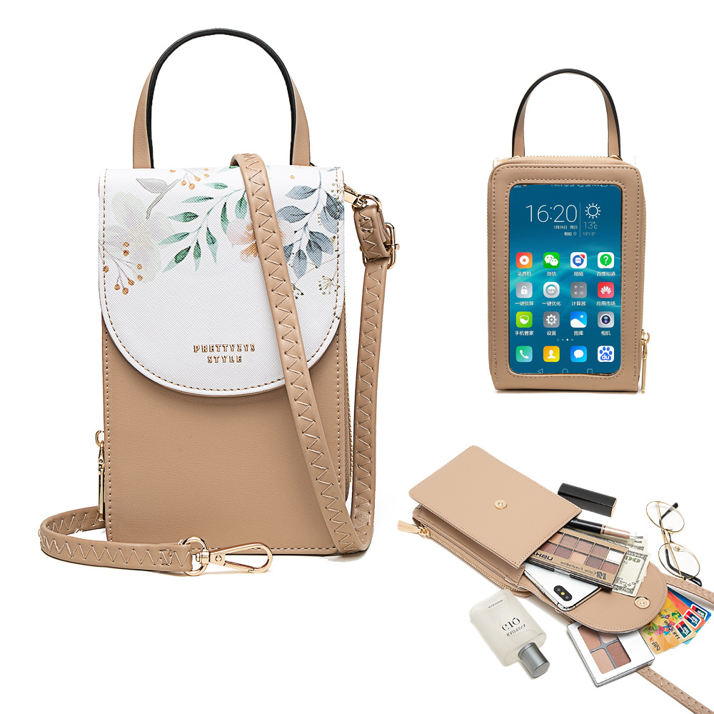 Huo Po pantalla táctil bolso del teléfono móvil de las mujeres de estilo coreano Pu impreso Flip cremallera vertical bolso del teléfono móvil de gran capacidad de hombro bolsa de mensajero
