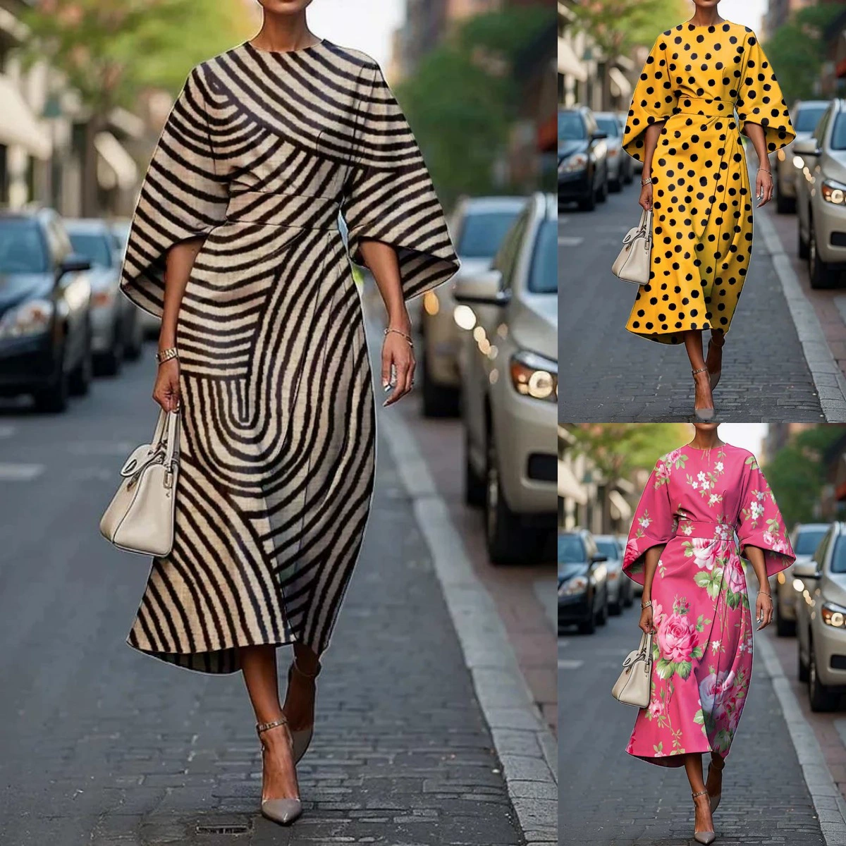 2025 трансграничная независимая станция Amazon весна-лето круглый вырез три четверти рукав летучая мышь принт элегантное платье для женщин