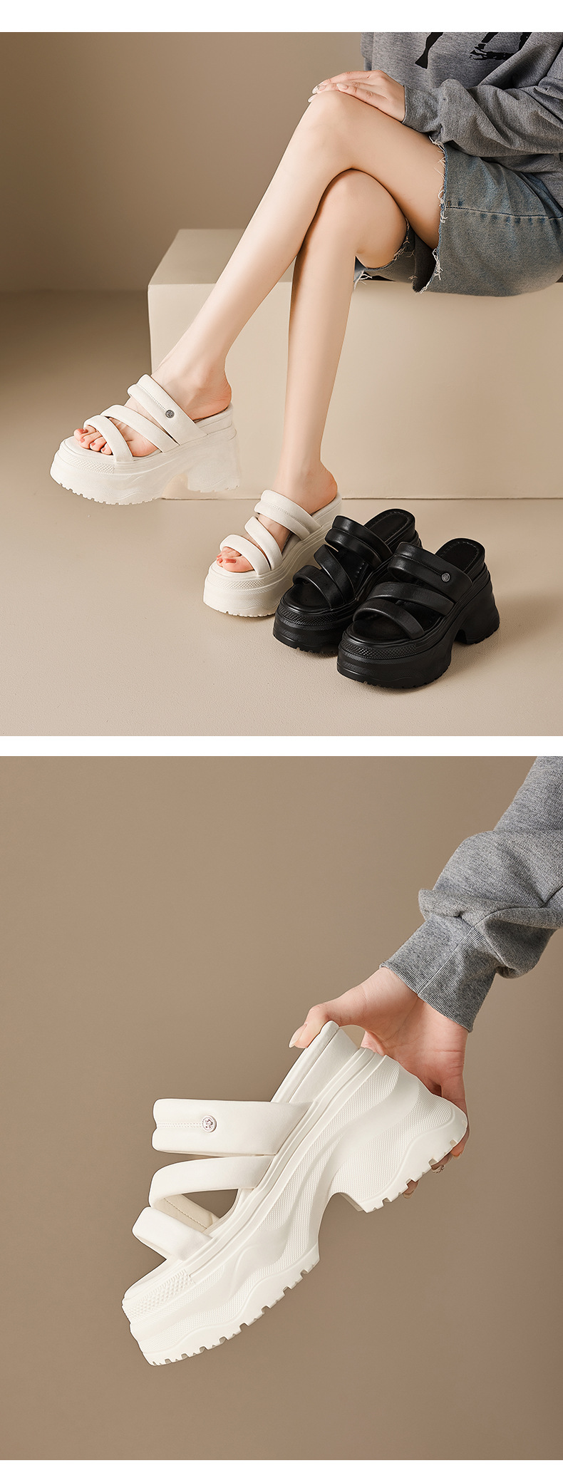 Dép sandal nữ quai chữ V đế dày da thật mùa hè, tăng chiều cao, xỏ ngón tiện lợi — màu đen, Trắng kem- chi tiết 5