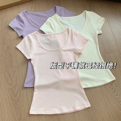 ビッグネックラインUネック右肩半袖Tシャツレディース2025年夏新作ウエスト痩身スリムフィット初夏パープルトップ
