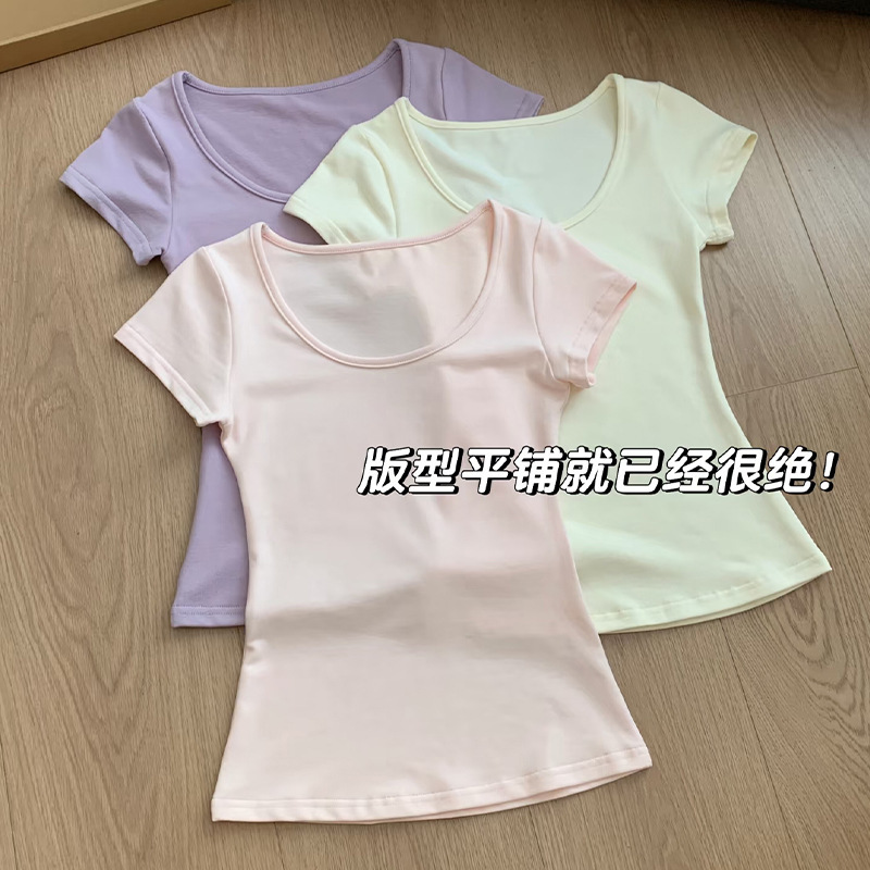Large Neckline U-Neck Right Shoulder Short-Sleeved T-Shirt for Women Summer 2025 New Style Waist Slimming Look Slimming Look Early Summer Purple Top