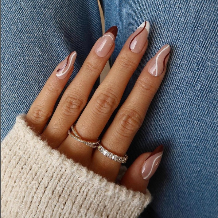 外貿穿戴甲線條不規則曲線杏仁甲法式水滴假指甲美甲跨境nails