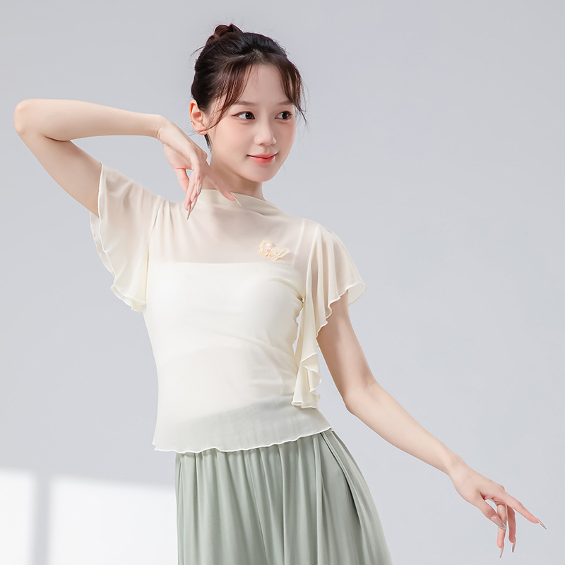 古典的なダンス服女性の夏の新型の小さい飛の袖のネットの紗の成人の古典的なダンスのはらはらしている訓練服の形の服の上着|undefined