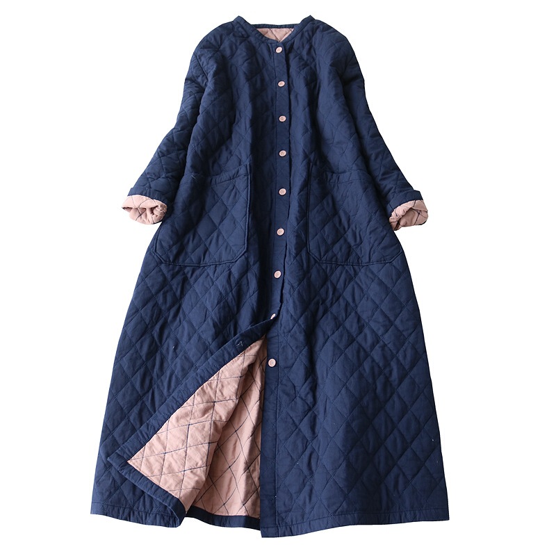 Autumn and Winter Cotton Coat, All-Cotton Quilted Diamond-Patterned Padded Jacket, Casual Warm Long Cotton Coat, Loose Artistic Cotton Robe for Women