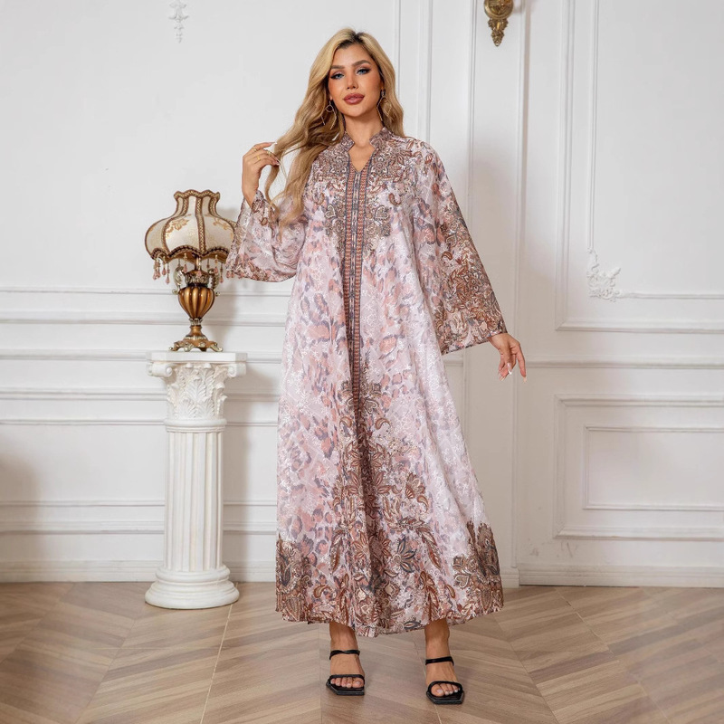 241104 Cross-Border Women's Long Robe Embroidered Fabric Printed with Rhinestones Women's Long Dress