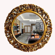 現代簡約雕刻鏤空圓形鏡復古衛生間浴室鏡梳妝台美容化妝玄關鏡子