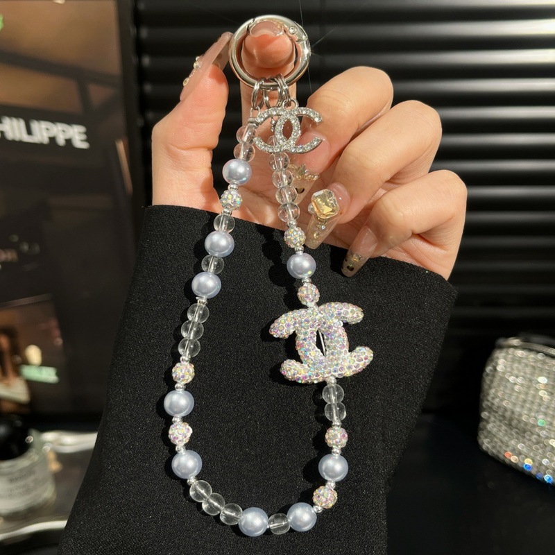 ins风水钻蝴蝶结手机链水晶 双链珍珠挂饰创意链条高级感车挂批发|undefined