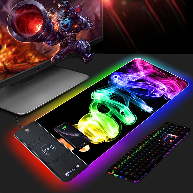 새로운 무선 충전 마우스 패드 15W 스마트 매직 컬러 발광 RGB 마우스 패드 키보드 패드 OEM 패턴 사용자 정의