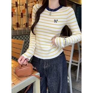 Early Autumn New Embroidered Bow Design Niche Sweet and Spicy Slim Top Yellow Stripesd Long-Sleeved Bottoming Shirt for Women