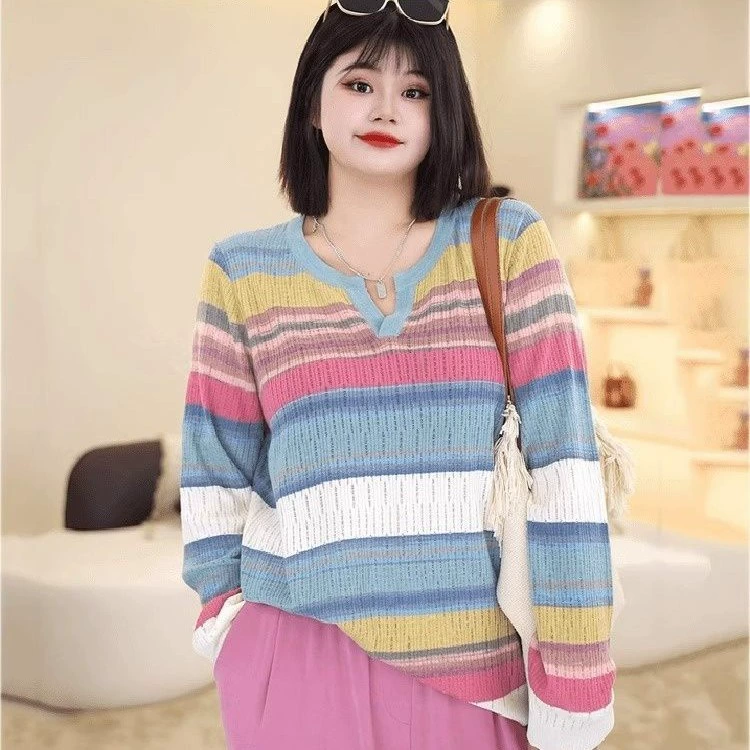 200 фунтов большой размер женский радужный вязаный в полоску ранняя осень новый полосатый иностранный топ модный свитер с длинными рукавами