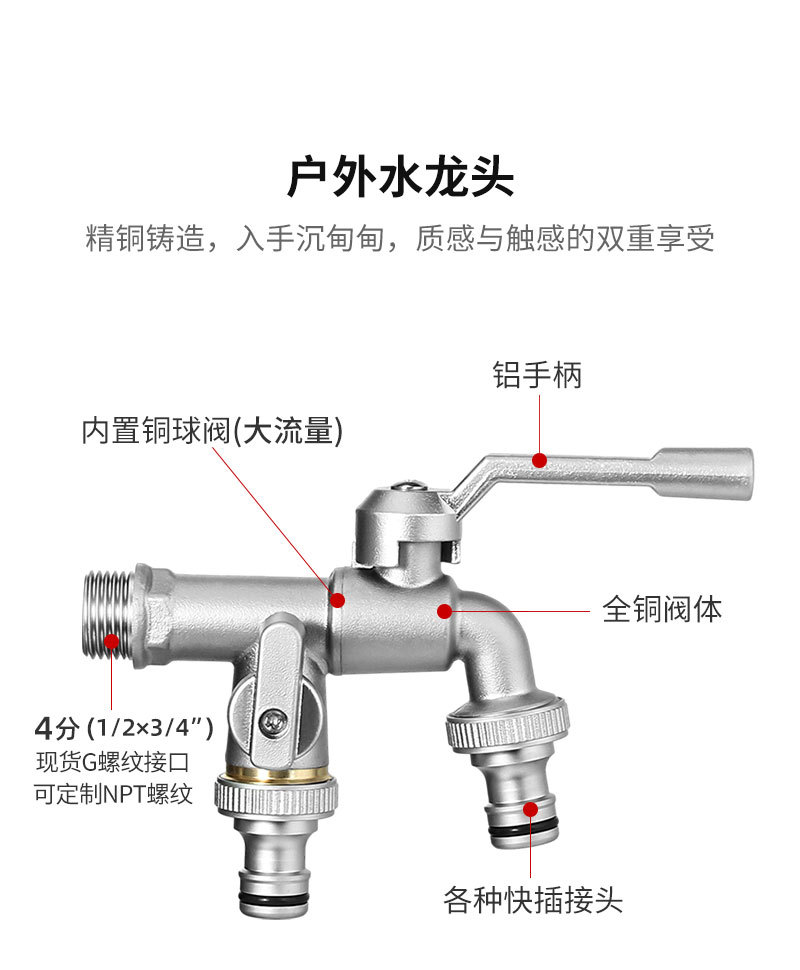 Cross-border exclusive outdoor faucet, pure copper light luxury, one in and two out dual-use tap water anti-freezing American-style faucet wholesale undefined
