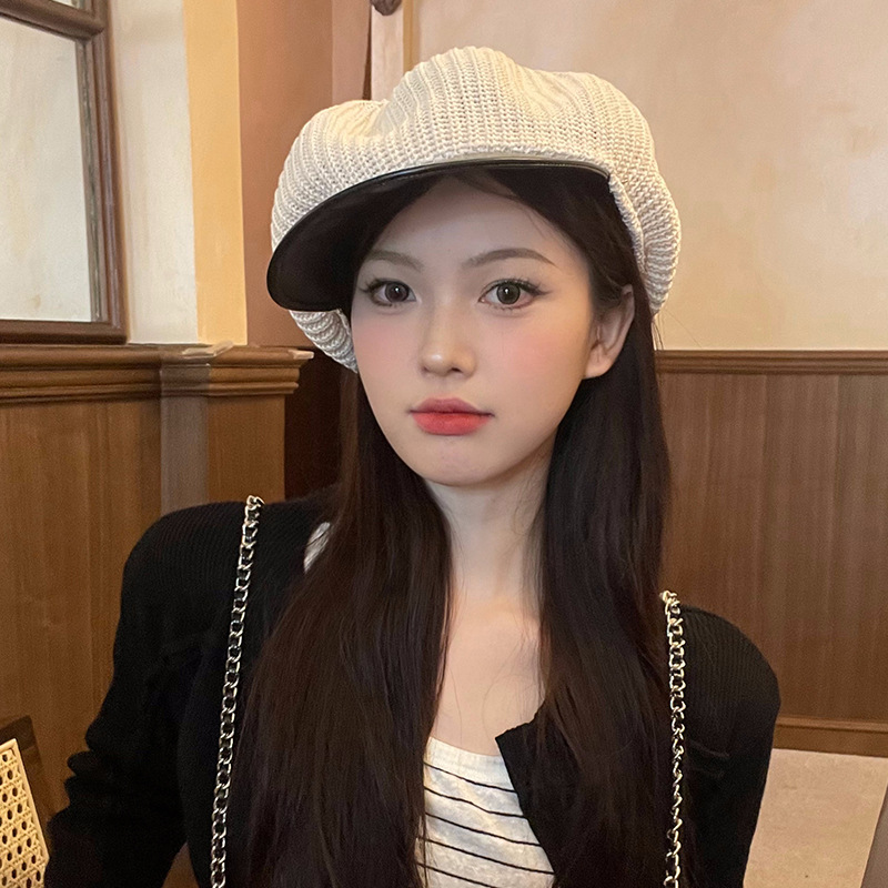 Beige Knitted Beret Women's Summer Breathable Face Showing Little Bud Painter Trendy Big Headband Octagonal Hat_voghion.com