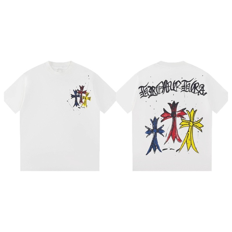 高品质跨境潮牌夏季新款克罗彩绘十字架梵文字母喷墨印花圆领短袖|undefined