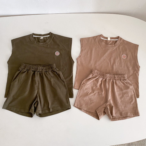 Children's Summer Suit Girls Pure Cotton  New Summer Suit Smiling Little Boy Casual Baby Vest Two-piece Set