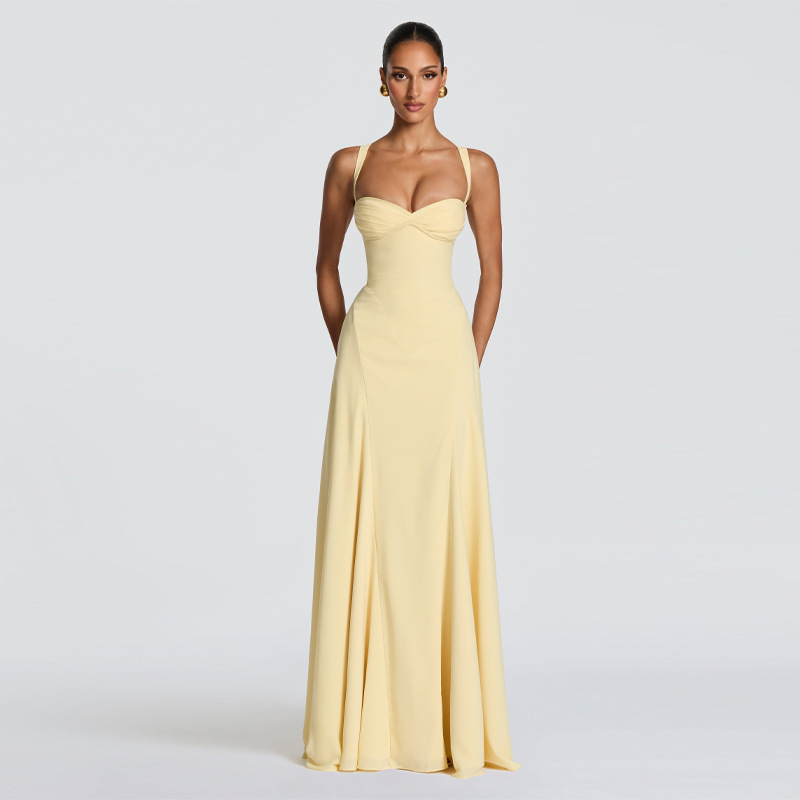 Foreign Trade Spring New European and American Cross-Border Fashion Elegant Tube Top Fishbone Pleated Slit Long Dress Foreign Trade Spring New European and American Cross-Border Fashion Elegant Tube Top Fishbone Pleated Slit Long Dress