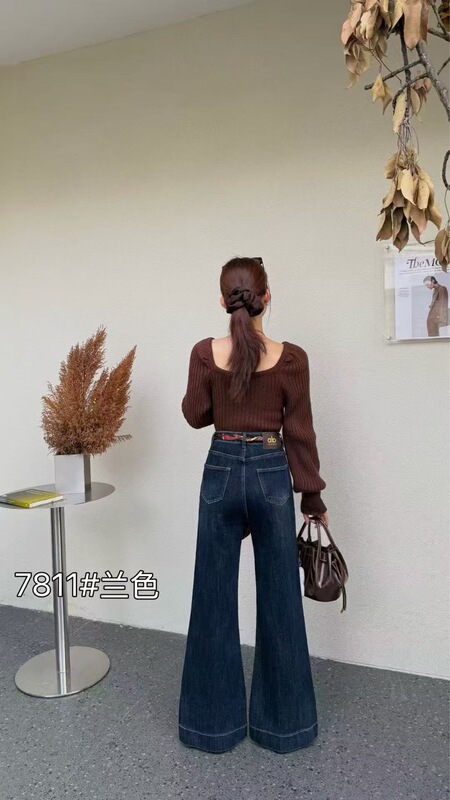 7811秋季新款高弹水洗软牛仔配丝巾腰带宽松显瘦气质喇叭拖地裤|undefined