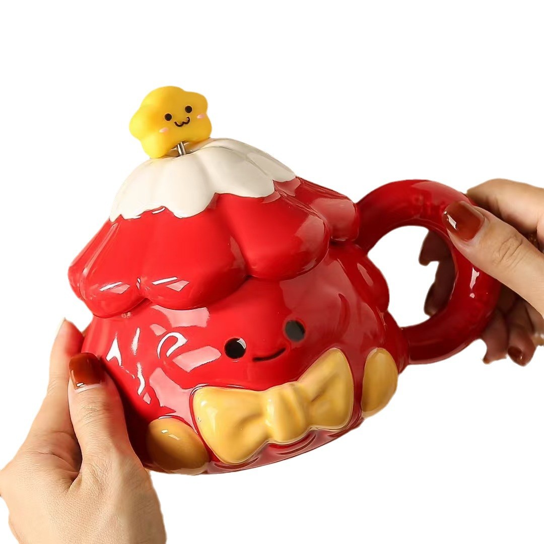 Personalidad creativa de cerámica pintada a mano árbol de Navidad muñeca taza de regalo de alto valor de caricatura con cubierta cuchara taza de agua potable