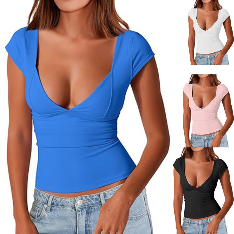 Amazon cross-border Fashion Queen women's sexy deep V-neck backless top short sleeve slim fit T-shirt basic