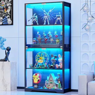 带玻璃门的展示柜四层结构的收藏柜配有三种颜色的灯光展示收藏品