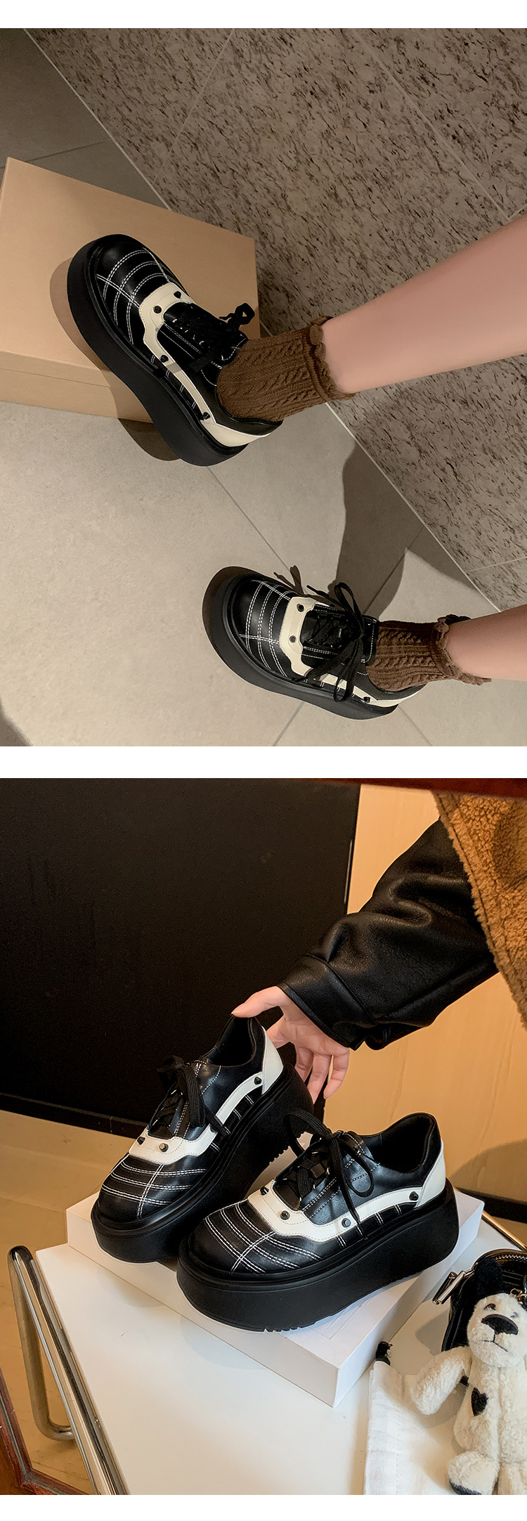 Giày sneaker nữ đế dày da bò phối màu dây buộc phong cách thể thao — màu đen chi tiết 16