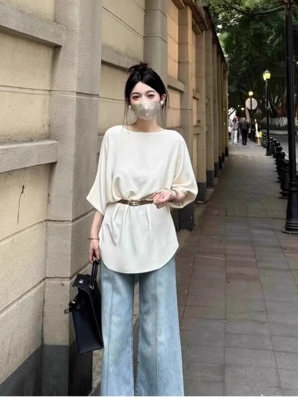 大码胖妹妹感法式气质圆领冰丝针织衫女气质宽松慵懒腰带上衣|undefined