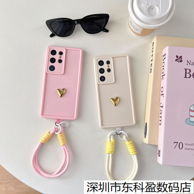 Foreign Trade Cross-Border Golden Small Heart-Shaped Case Suitable for Samsung S25Ultra Phone Case S22 Lanyard S24 Protective Cover A56