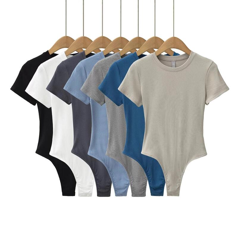 European and American Style Kardashian Round Neck Short-Sleeve Bodysuit for Women, Basic Slim-Fit Slimming Base Shirt T-Shirt Top Trendy