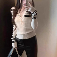 黑白条纹v领长袖针织衫女春秋修身高级感气质polo领毛衣内搭上衣