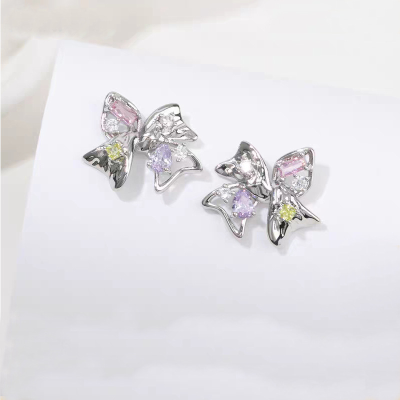 8g Weight Zircon Inlay Material 1 Pair Lady Sweet Heart Shape Bow Knot Inlay Copper Zircon Earrings