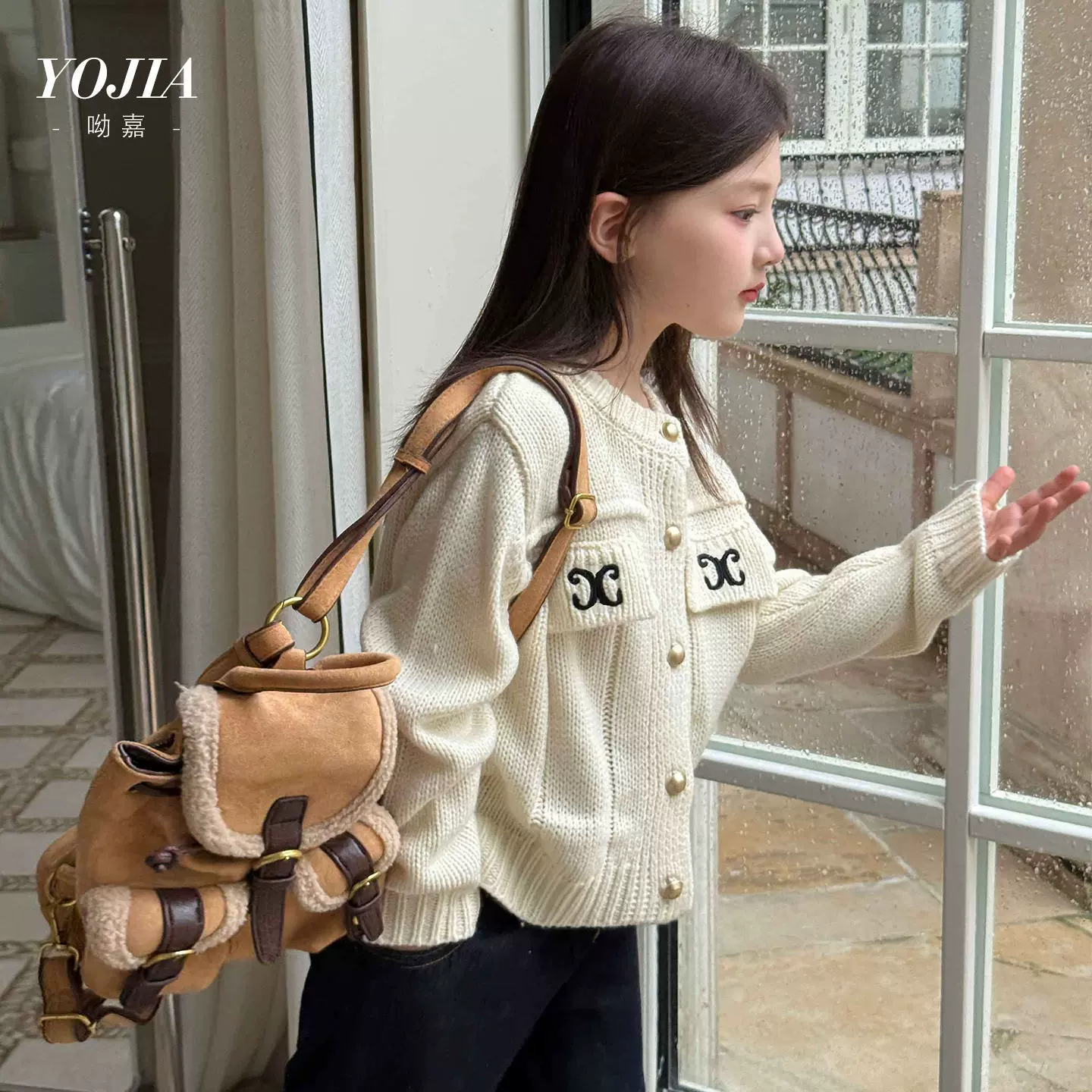 YOJIA女童毛衣秋季2025新款时髦小香风童装针织开衫秋装儿童外套