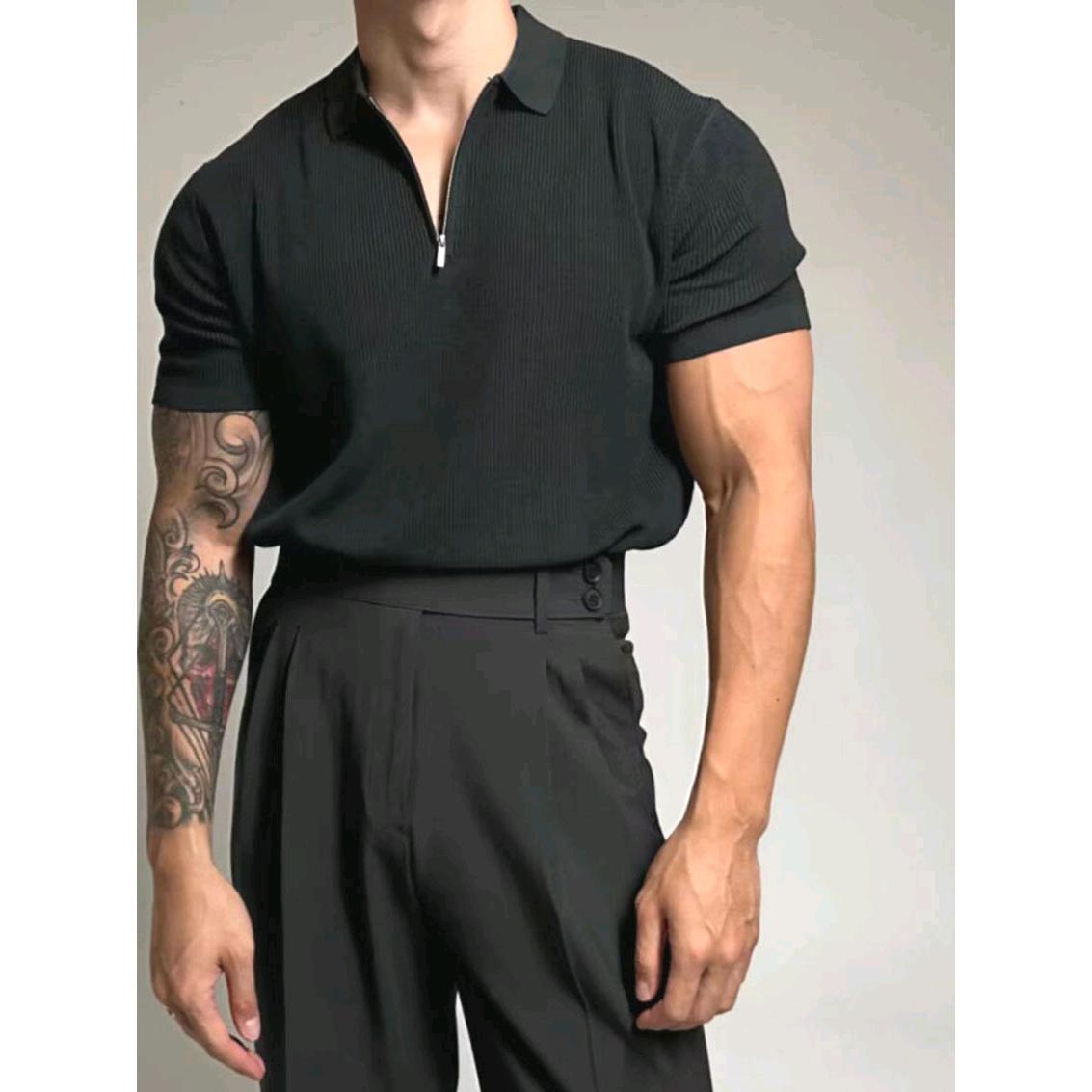 半拉链翻领polo针织衫男短袖宽松休闲t恤2024新款潮流百搭高级感