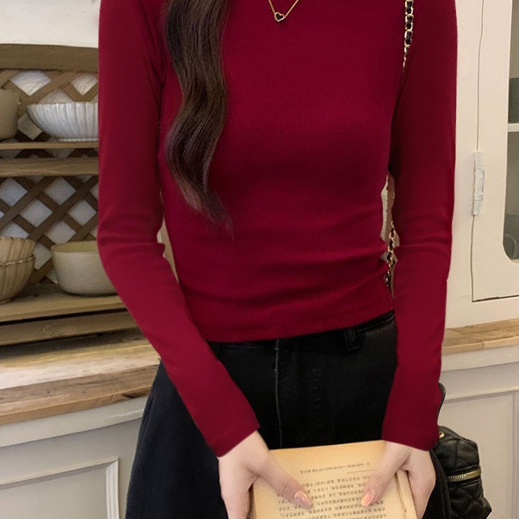 厂家直销酒红色显白修身圆领正肩T恤女秋冬长袖多巴胺内搭打底衫