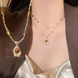 金色虎眼石项链女款美拉德中古配饰2025新款轻奢小众高级感毛衣链