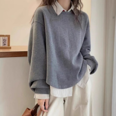 大码假两件拼接灰色卫衣女春秋2025新款胖mm宽松休闲显瘦长袖上衣